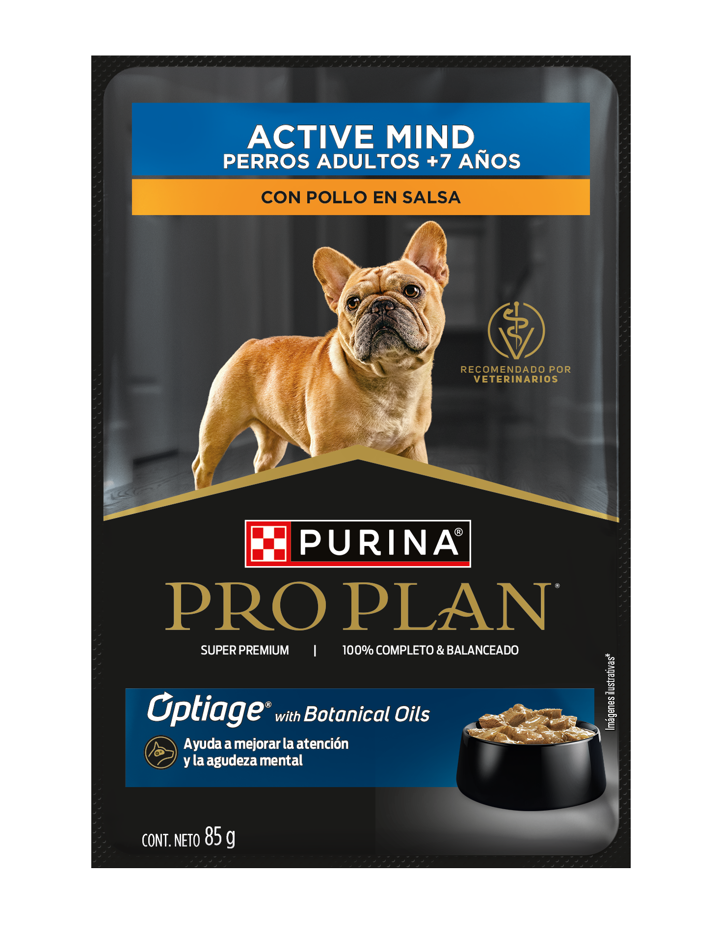 Comida húmeda para perros sabor pollo Pro Plan Active Mind en sobre para perros adultos mayores, presentación de 85 g.