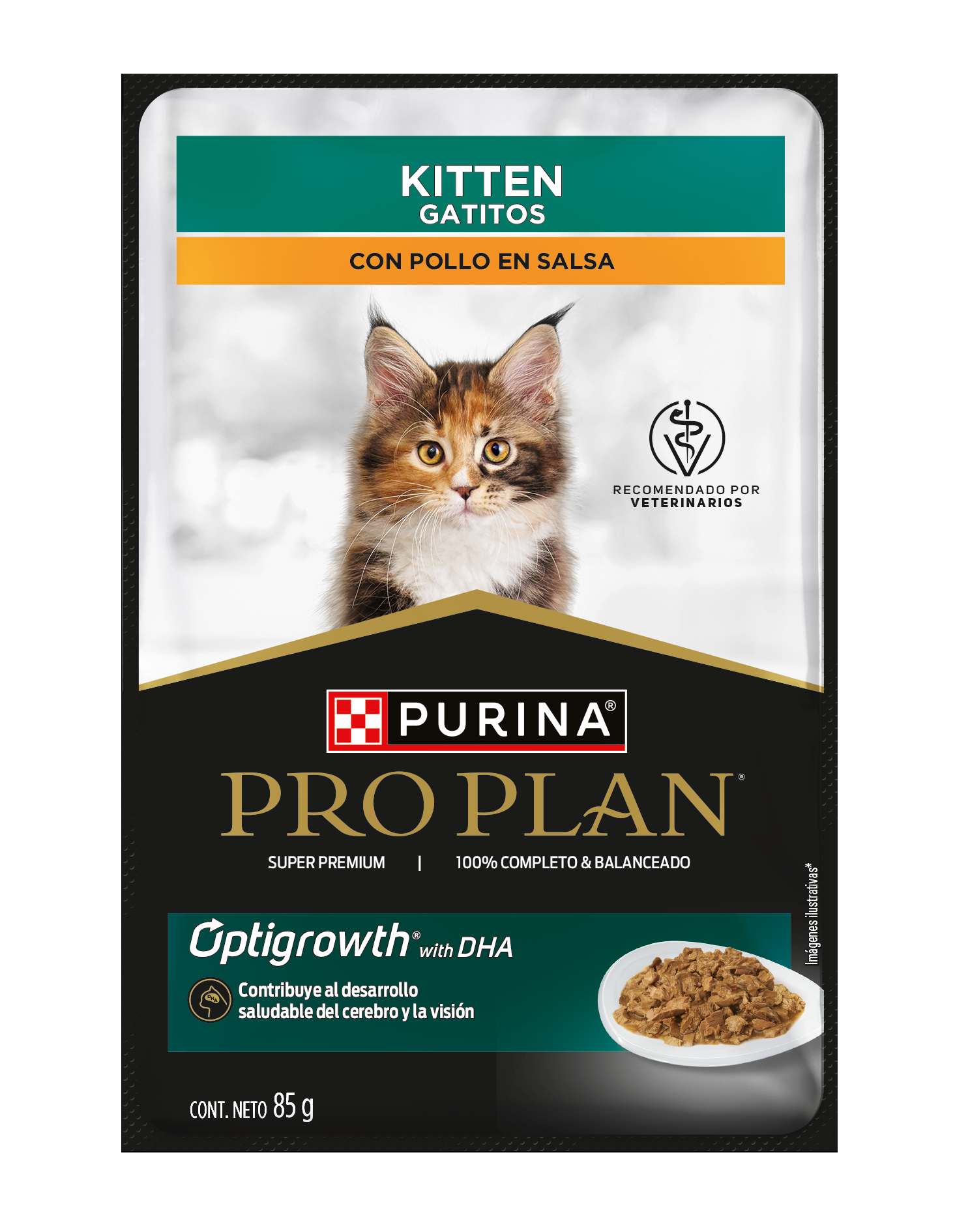 Comida húmeda para gatitos Pro Plan Kitten en sobre, con pollo en salsa para apoyar su crecimiento.