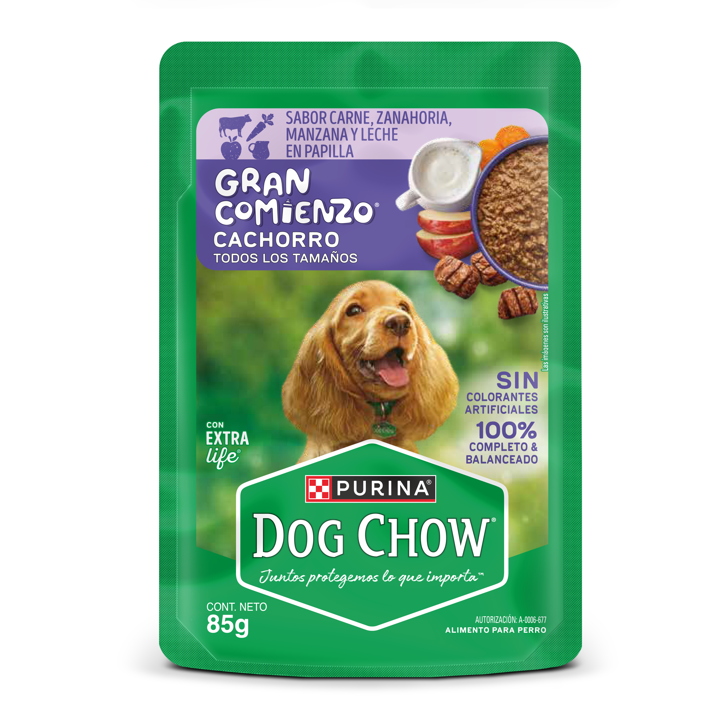 Sabrosobre Dog Chow Gran Comienzo para cachorros sabor carne, zanahoria, manzana y leche.