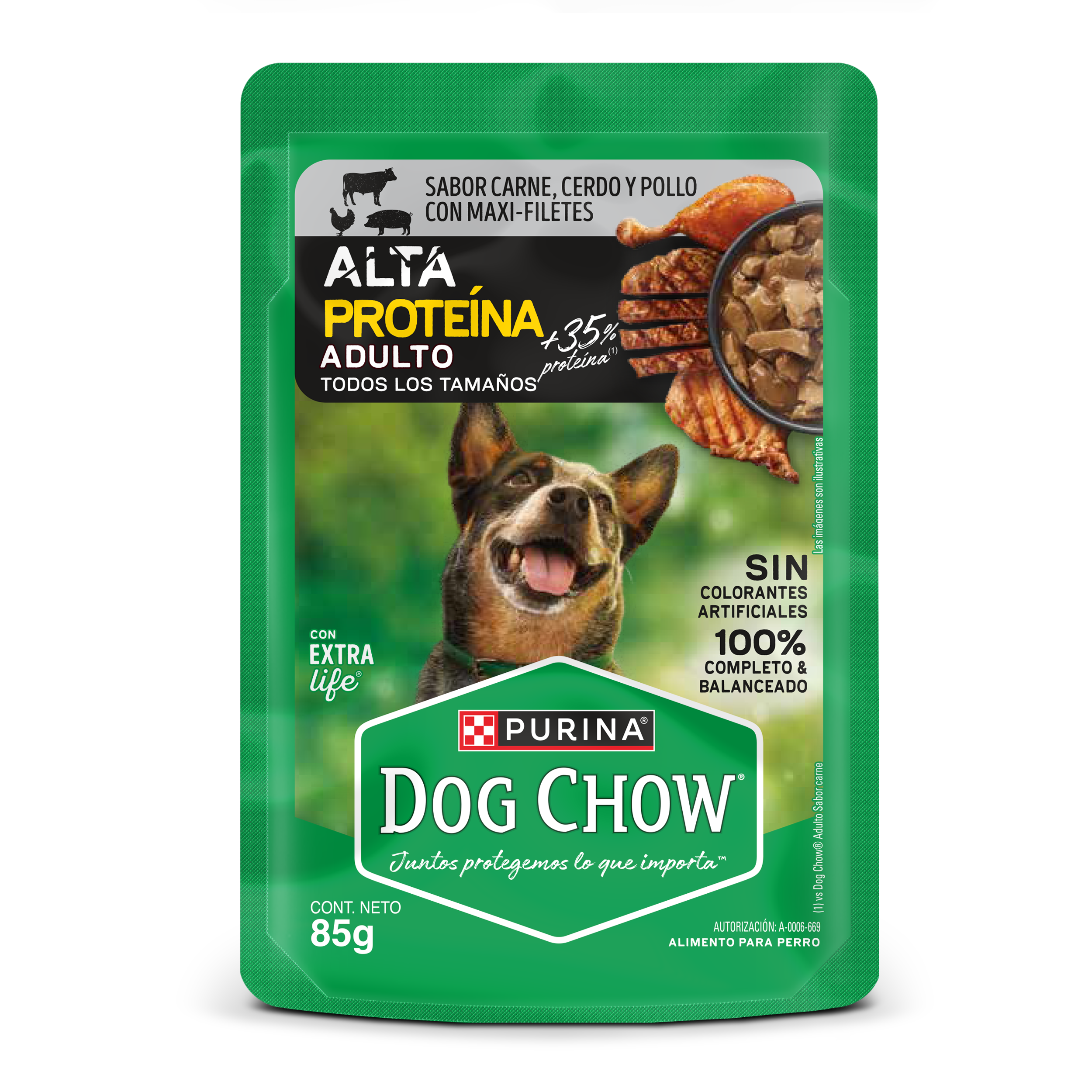 Sabrosobre Dog Chow Alta Proteína adulto sabor carne, cerdo y pollo con ExtraLife.