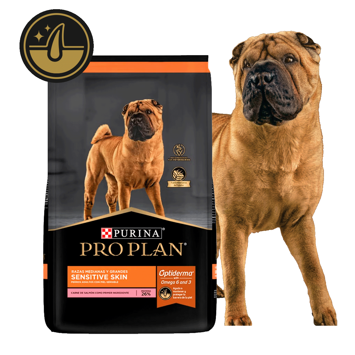 Alimento Pro Plan Sensitive Skin y mascota en la card del alimento para perros con piel sensible