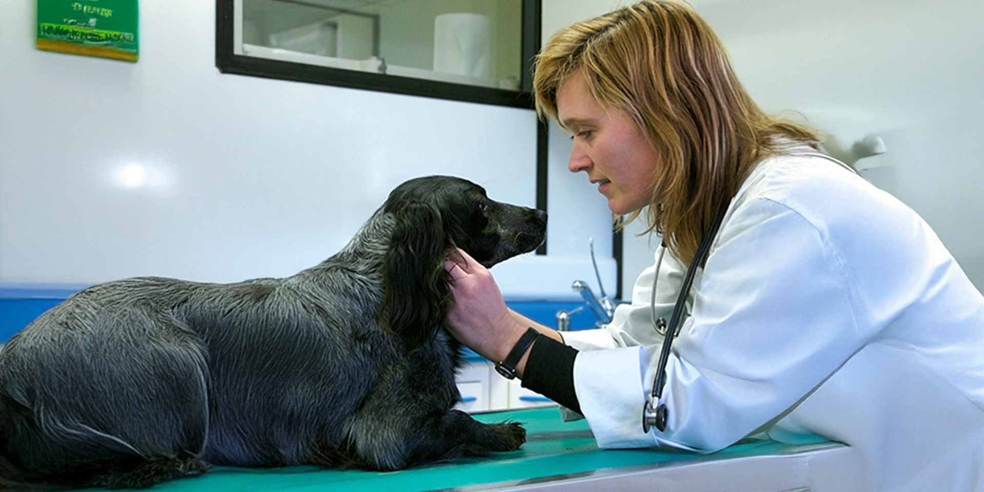 Can de raza mediana con su veterinaria, profesional que sabe cómo cortar las uñas de un perro.