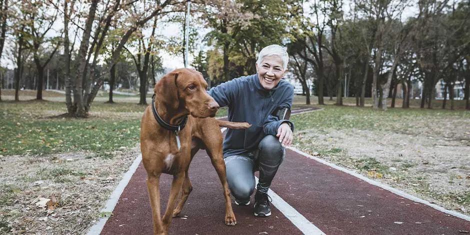 :  Perro en compañía de su tutor haciendo caminata, perfecta para los adultos mayores.