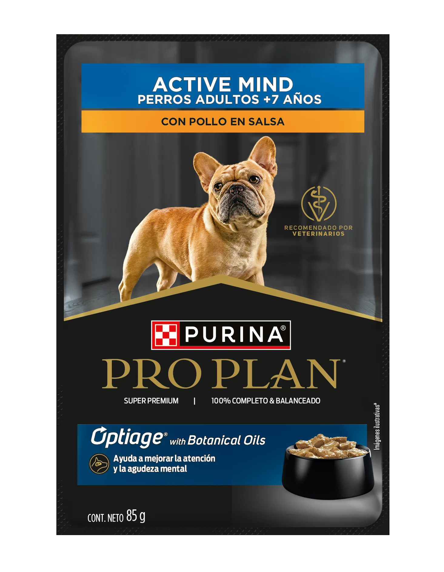 Comida húmeda para perros sabor pollo Pro Plan Active Mind en sobre para perros adultos mayores, presentación de 85 g.