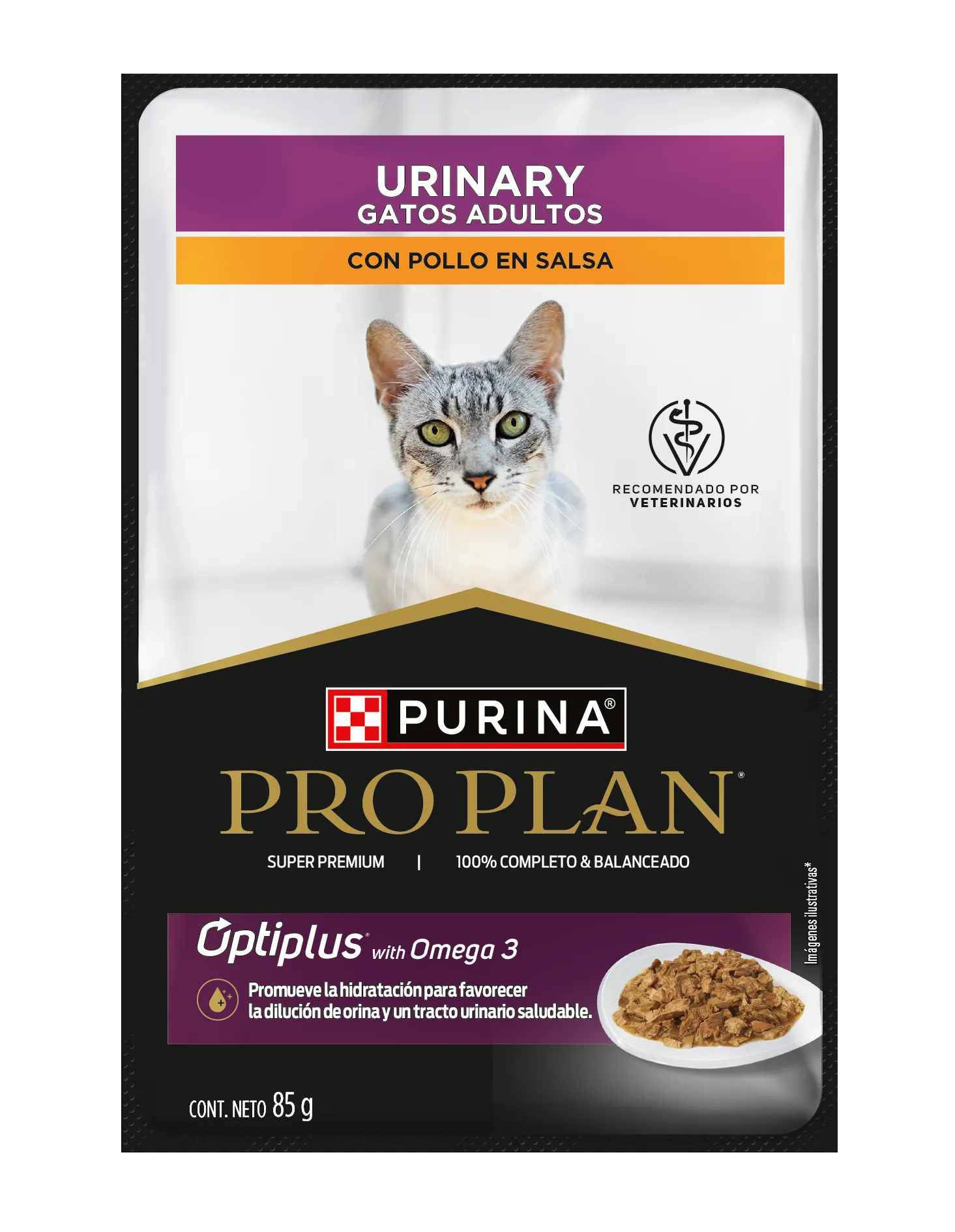 Alimento húmedo urinary para gatos adultos Pro Plan con pollo en salsa, presentación de 85 g.