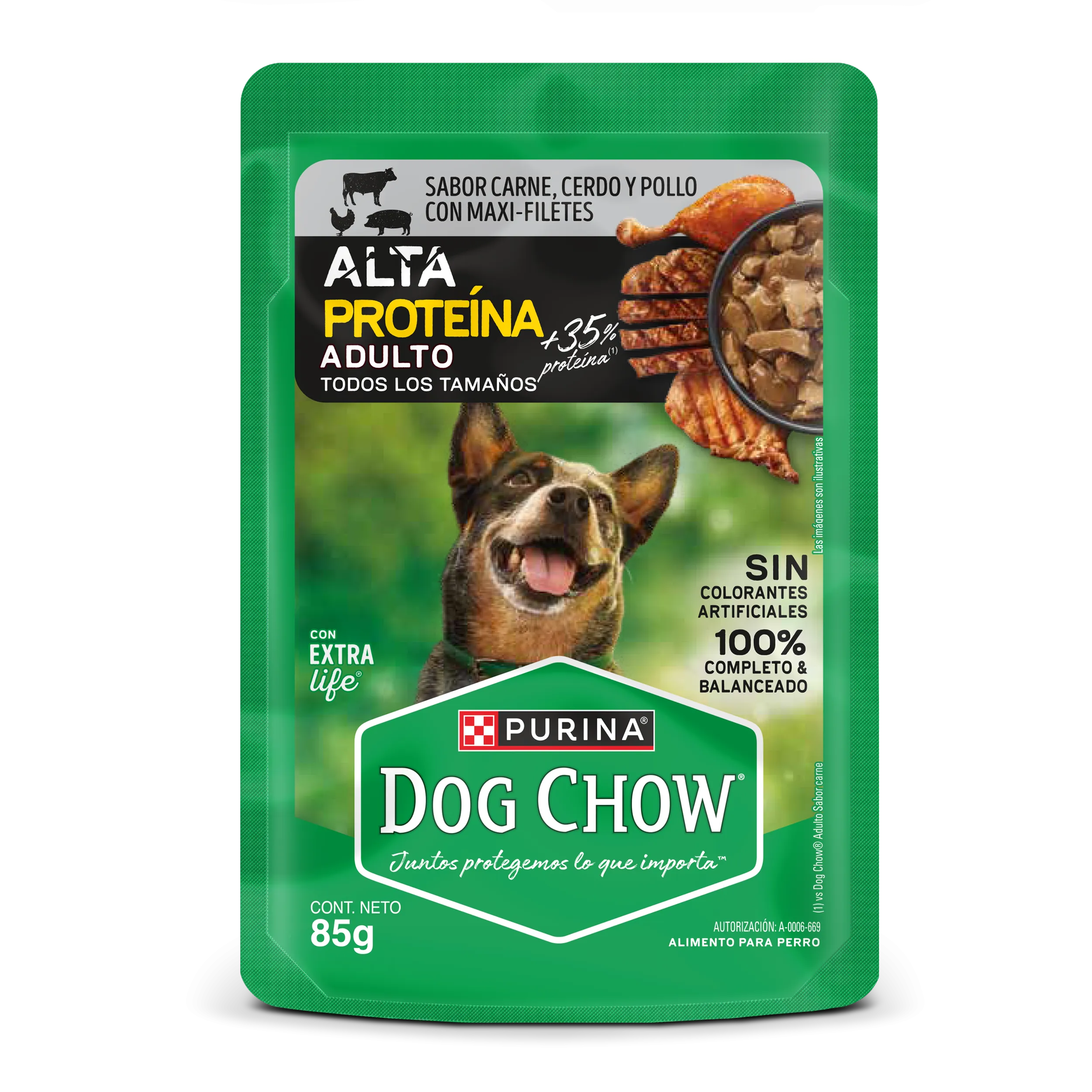 Sabrosobre Dog Chow Alta Proteína adulto sabor carne, cerdo y pollo con ExtraLife.