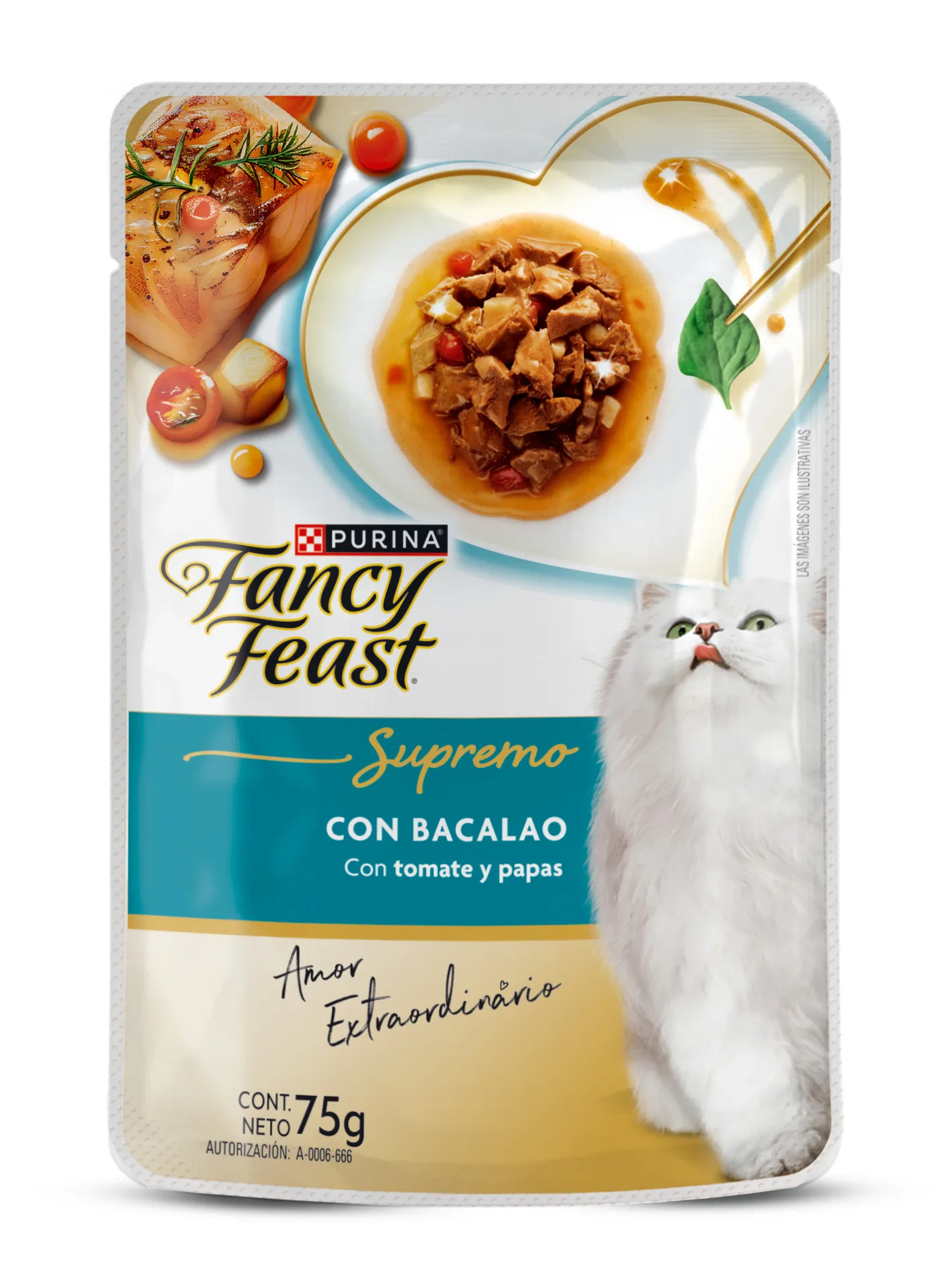 Sobre de alimento húmedo para gatos Fancy Feast Supremo con bacalao, tomate y papas de 75 g